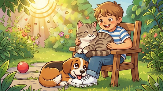 A story book about a kid wishing to have friends with a cat and a  dog on a garden